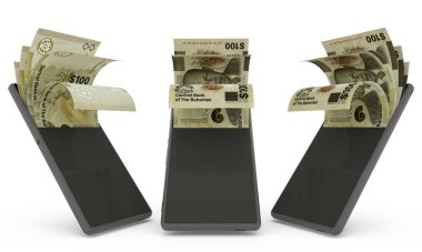 Bir cep telefonunun içinde Bahama Doları banknotları. Para cep telefonundan geliyor. Mobil para aktarım konseptinin 3D yorumlanması. Telefondan para