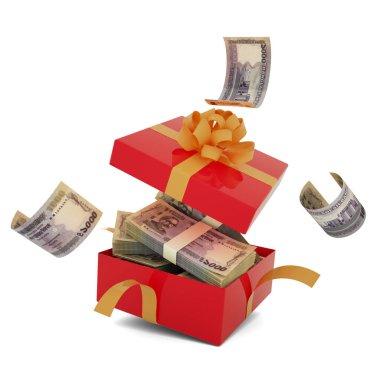 Kırmızı bir hediye kutusunun içinde 1000 tane Bangladeş takası var. Bangladeş Taka içeride ve bir hediye kutusunun etrafında uçuyor. Kutunun içindeki paranın 3d görüntülenmesi beyaz arkaplan üzerinde izole edildi