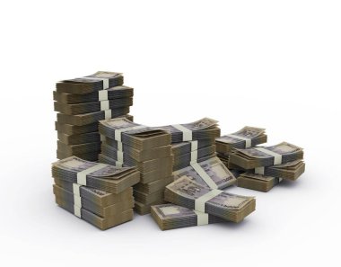 Bir yığın 1000 tane Bangladeşli taka. Beyaz arkaplanda izole edilmiş 3d para demetleri