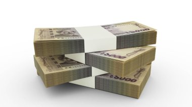 Bangladeş 'e ait 1000' lik banknotun 3D kopyası. Bangladeş para biriminin birkaç demeti beyaz arkaplanda izole edilmiş