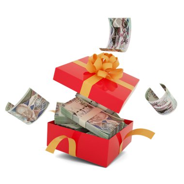 Barbados dolar banknotları açık kırmızı bir hediye kutusunda. İçinde Barbados Doları var ve hediye kutusunun içinde uçuyor. Kutunun içindeki paranın beyaz arka planda izole edilmiş hali, Barbadoslu dolar.
