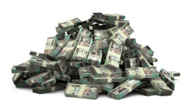 Barbados dolar yığını beyaz arka planda çok para tutuyor. 3 boyutlu nakit demetleri oluşturma