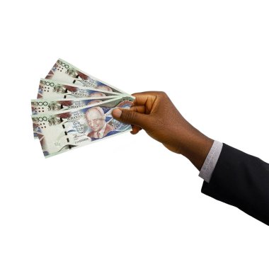 Black hand with suit holding 3D rendered 100 Barbados dollar notes isolated on white background, Barbadian dollar