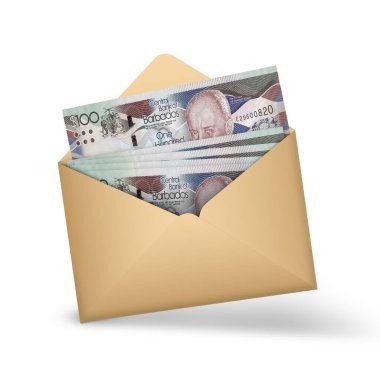 Açık kahverengi bir zarfın içinde Barbados Doları banknotları. Açık bir zarfta üç boyutlu para illüstrasyonu