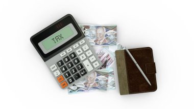 Barbados dolar banknotları, bir hesap makinesi, bir defter ve bir kalemin 3 boyutlu yorumlanması