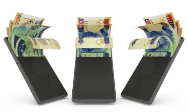 100 dolarlık banknotlar bir cep telefonunun içinde. Para cep telefonundan geliyor. Mobil para aktarım konseptinin 3D yorumlanması. Telefondan para