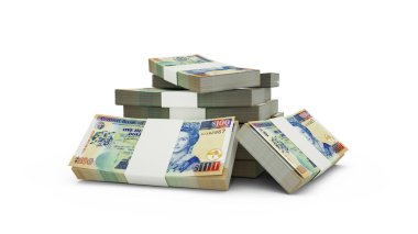 100 dolarlık Belize banknotlarının 3D kopyası. beyaz arkaplanda izole edilmiş Belize para birimi notları demetleri