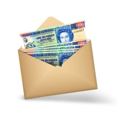 Açık kahverengi bir zarfın içindeki 100 dolarlık Belize banknotları. Açık bir zarfta üç boyutlu para illüstrasyonu