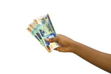 Fair hand holding 3D rendered 100 Belize dollar notes isolated on white background