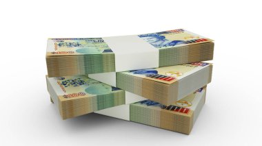 100 dolarlık Belize banknotlarının 3D kopyası. Beyaz arkaplanda birkaç deste Belize para birimi izole edildi