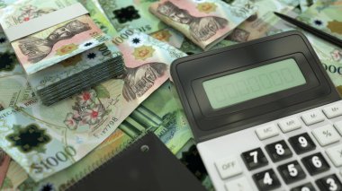 Hesap makinesi, kalem ve defterle dağılmış 1000 dolarlık Brunei banknotları. 3d oluşturma