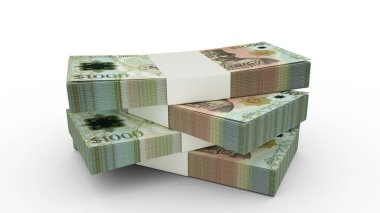 1000 dolarlık Brunei banknotlarının 3D kopyası. Brunei para biriminden birkaç deste beyaz arka planda izole edilmiş
