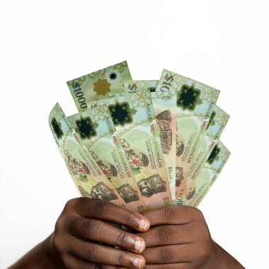 Siyah eller 3D tutarak 1000 Brunei doları kazandı. Brunei para birimi notlarını tutan Eller 'e yakın çekim