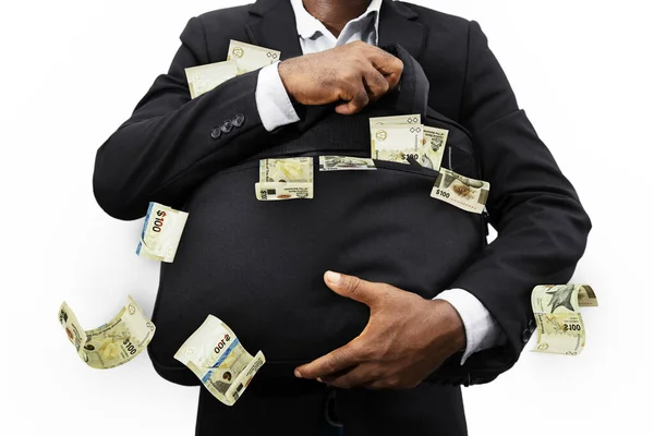 Uomo Affari Con Borsa Nera Piena Banconote Dollari Delle Bahamas — Foto Stock