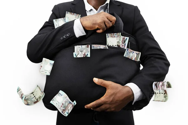 Empresário Preto Segurando Saco Preto Cheio Notas Dólar Barbados Isolado — Fotografia de Stock