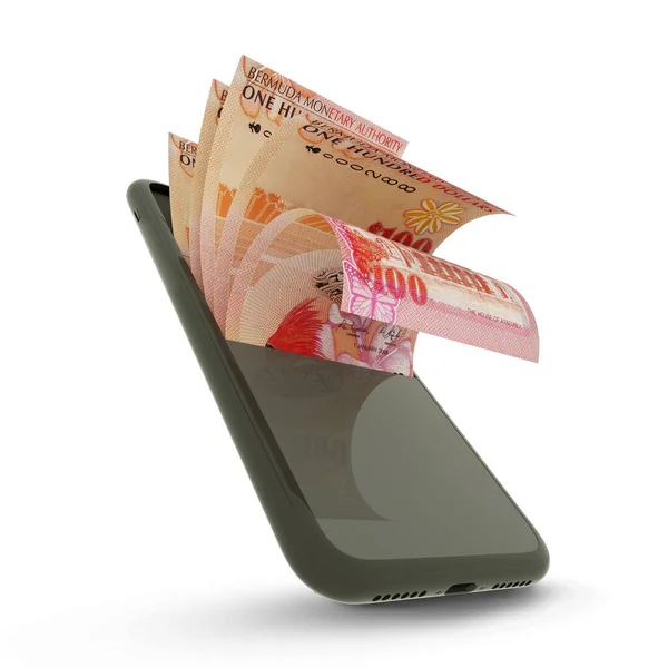 Рендеринг Bermudian Dollar Нотаток Всередині Мобільного Телефону Гроші Мобільного Телефону — стокове фото