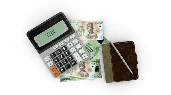 Vykreslení Izolovaného Složení Bankovek Brunejského Dolaru Kalkulačky Poznámkového Bloku Pera — Stock fotografie