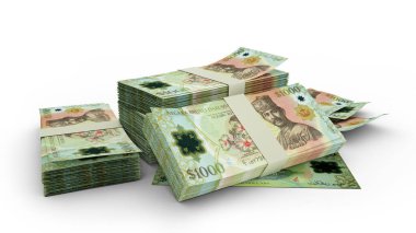 Beyaz arka planda 3 boyutlu 1000 dolarlık Brunei banknotları izole edilmiş.