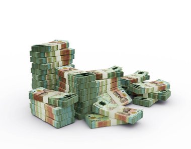 Bir yığın 1000 dolarlık Brunei banknotları. Beyaz arkaplanda izole edilmiş 3d para demetleri