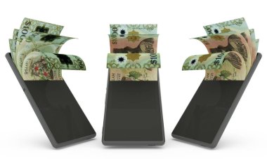 Bir cep telefonunun içindeki 1000 dolarlık banknotlar. Para cep telefonundan geliyor. Mobil para aktarım konseptinin 3D yorumlanması. Telefondan para