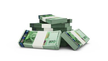 Bulgar lev notlarının 3D yorumlanması. Beyaz zemin üzerinde izole edilmiş 100 Bulgar para birimi banknotları