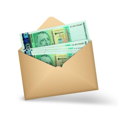 Açık kahverengi bir zarfın içinde 100 Bulgar lev banknotları. Açık bir zarfta üç boyutlu para illüstrasyonu