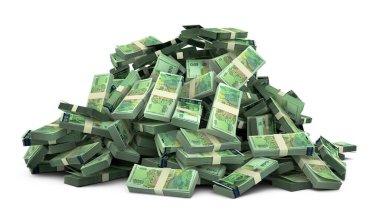 100 Bulgar lev 'inin büyük yığını beyaz arkaplandan çok para kaldırıyor. 3 boyutlu nakit demetleri oluşturma