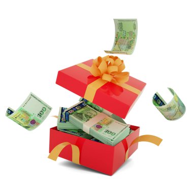 Açık kırmızı bir hediye kutusundaki 100 Bulgar lev banknotları. İçinde 100 Bulgar lev ve bir hediye kutusunun etrafında uçuyor. Kutunun içindeki paranın 3d görüntülenmesi beyaz arkaplan üzerinde izole edildi