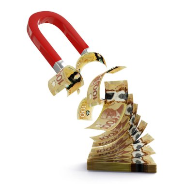 At nalı mıknatısının 3 boyutlu görüntülenmesi beyaz arka planda izole edilmiş Kanada dolarları çekiyor. Çekici para konsepti. Başarılı bir iş stratejisi