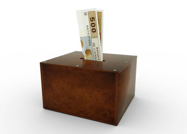 Central African CFA Franc notes inside an open wooden savings box. Generic Bank, Penny Bank, Money Box. 3d rendering