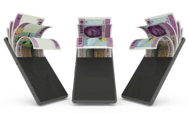 Orta Afrika cfa frangı bir cep telefonunun içinde. Para cep telefonundan geliyor. Mobil para aktarım konseptinin 3D yorumlanması. Telefondan para
