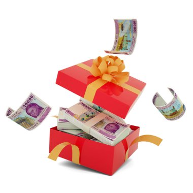 Orta Afrika cfa frangı açık kırmızı bir hediye kutusunun içinde. Orta Afrika cfa frangı içinde ve bir hediye kutusunun etrafında uçuyor. Kutunun içindeki paranın 3d görüntülenmesi beyaz arkaplan üzerinde izole edildi