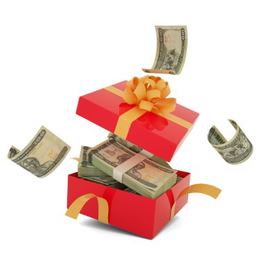 Eritre nakfa banknotları açık kırmızı bir hediye kutusunun içinde. Eritre Nakfa içeride ve hediye kutusunun etrafında uçuyor. Kutunun içindeki paranın 3d görüntülenmesi beyaz arkaplan üzerinde izole edildi