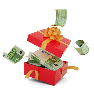 100 Euro notes inside an open red gift box. Euro inside and flying around a gift box. 3d rendering of money inside box isolated on white background