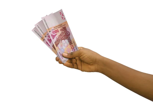 Fair Hand Holding Rendered Cfa Franc Notes Isolated White Background — 图库照片