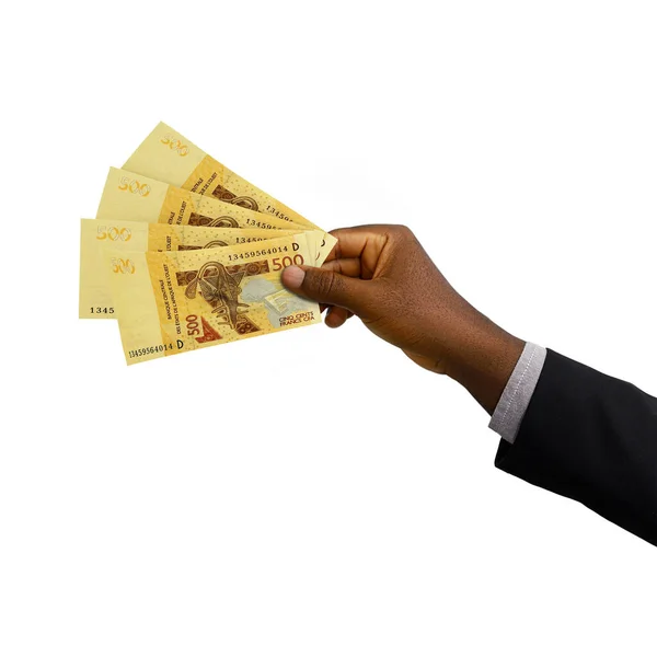 Black Hand Suit Holding Rendered Cfa Franc Notes Isolated White — Stockfoto