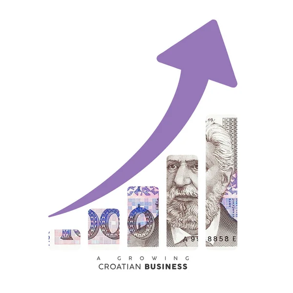 Growing business icon. Croatian kina note in the shape of a business growth graph. Illustration