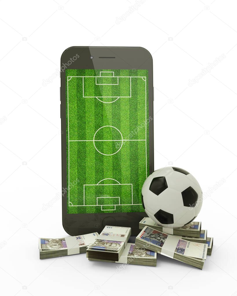 3D rendering of a mobile phone with soccer field on screen, soccer ball and stacks of Croatian Kuna notes isolated on white background.