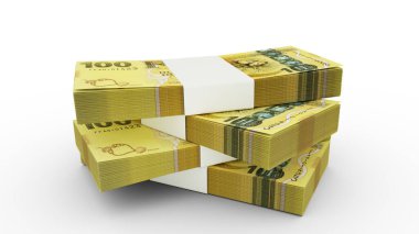 Fiji yığını banknotlarının 3D kopyası. Beyaz arkaplanda az miktarda Fiji para birimi izole edildi