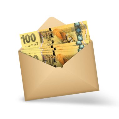 Açık kahverengi bir zarfın içinde 100 Fiji Doları var. Açık bir zarfta üç boyutlu para illüstrasyonu