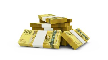 Fiji yığını banknotlarının 3D kopyası. Beyaz arkaplanda izole edilmiş Fiji para birimi notları paketleri