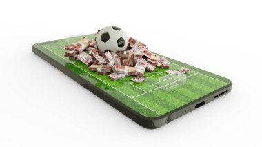 Cep telefonu ekranında futbol sahasının 3D görüntüsü. Ghanaian Cedi telefon ekranında Football ile birlikte notlar. Akıllı telefon ekranındaki futbol sahası beyaz arka planda izole edildi. bahis ve kazanma konsepti
