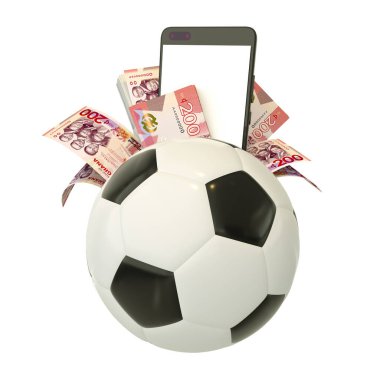 Futbol topunun arkasındaki Ghanaian Cedi notlarının 3 boyutlu yorumlanması. Spor bahisleri, futbol bahisleri, beyaz arka planda izole edilmiş.