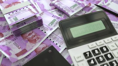 2000 Indian rupee notes spread out with a calculator, pen and notebook. 3d rendering