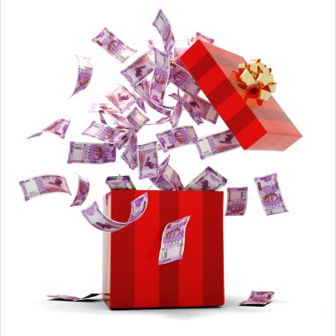 3D rendering of A lot of 2000 Indian rupee notes coming out of an opened red gift box
