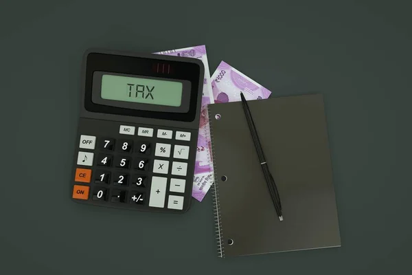 Rendering Composition Indian Rupee Notes Calculator Note Book Pen Isolated — Fotografia de Stock