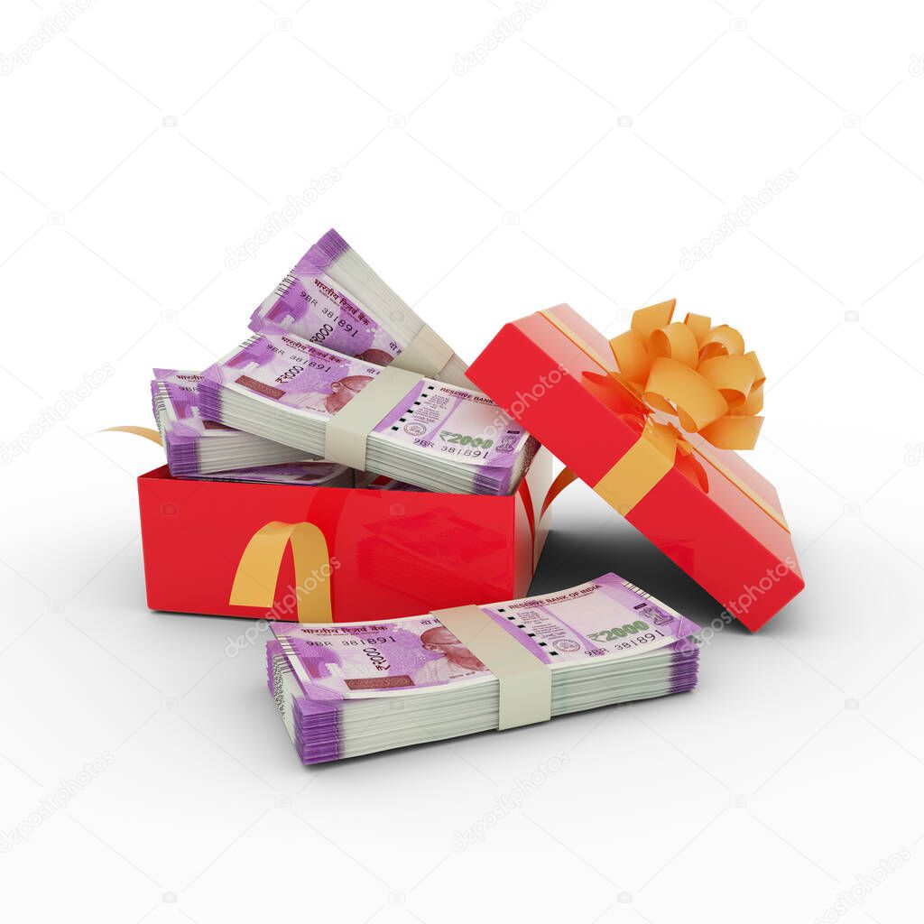 Stack of 2000 Indian rupee notes inside an open red gift box. Bundles of Indian rupee inside a gift box. 3d rendering of money inside box isolated on white background