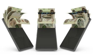 1000 Birleşik Arap Emirlikleri dirhemi bir cep telefonunun içinde. Para cep telefonundan geliyor. Mobil para aktarım konseptinin 3D yorumlanması. Telefondan para