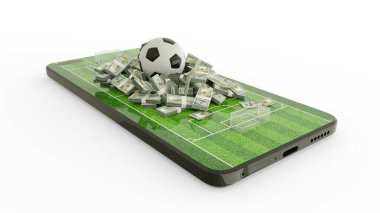 Cep telefonu ekranında futbol sahasının 3D görüntüsü. Amerikan Doları banknotları ve telefon ekranında futbol var. Akıllı telefon ekranındaki futbol sahası beyaz arka planda izole edildi. bahis ve kazanma konsepti