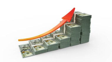 Finansal büyüme tabelaları Amerikan dolarları destesinden yapılmıştır. Beyaz arkaplanda izole edilmiş bir çubuk grafik şeklinde ayarlanmış usd para 3B oluşturma